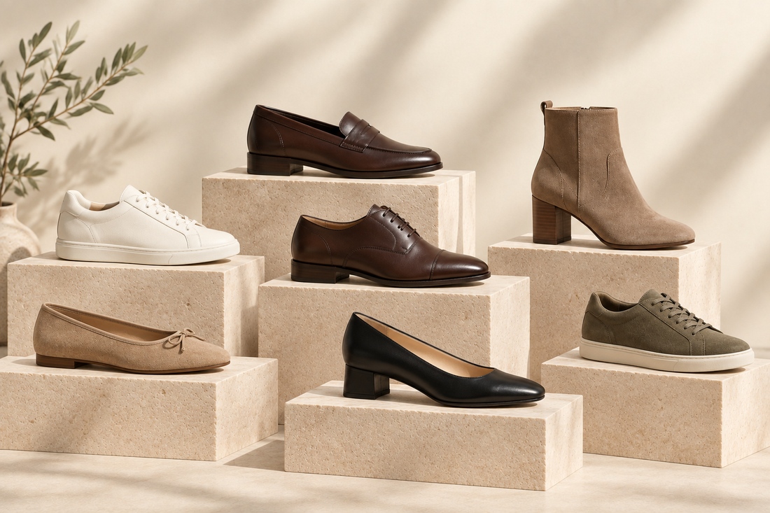 Assorted men’s and women’s shoes arranged on studio plinths.