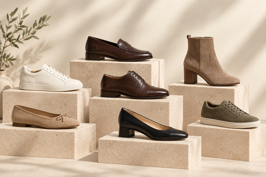 Assorted men’s and women’s shoes arranged on studio plinths.