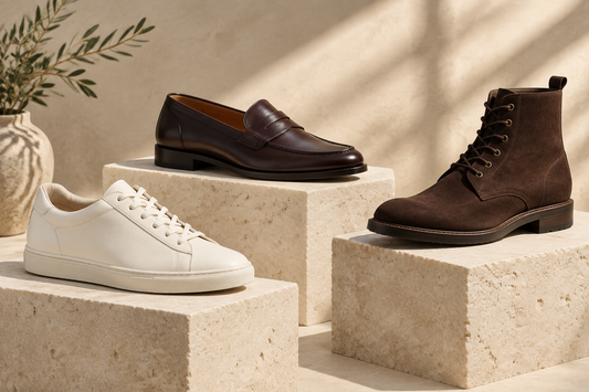 Men’s sneaker, loafer and boot in a studio setting.⠋