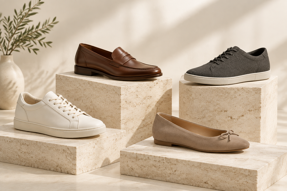 Four shoe styles arranged in a neutral studio setting.