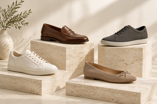 Four shoe styles arranged in a neutral studio setting.