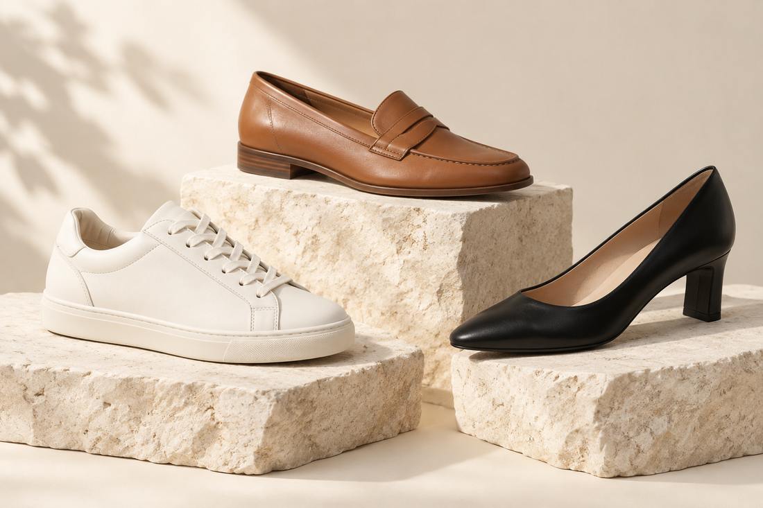 Women’s sneaker, loafer and low heel in a studio setting.
