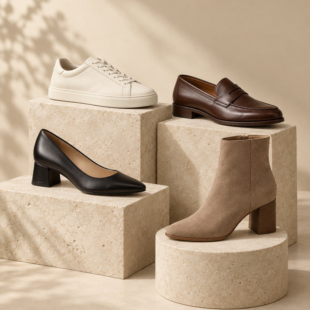Men’s and women’s shoes on a neutral studio background.