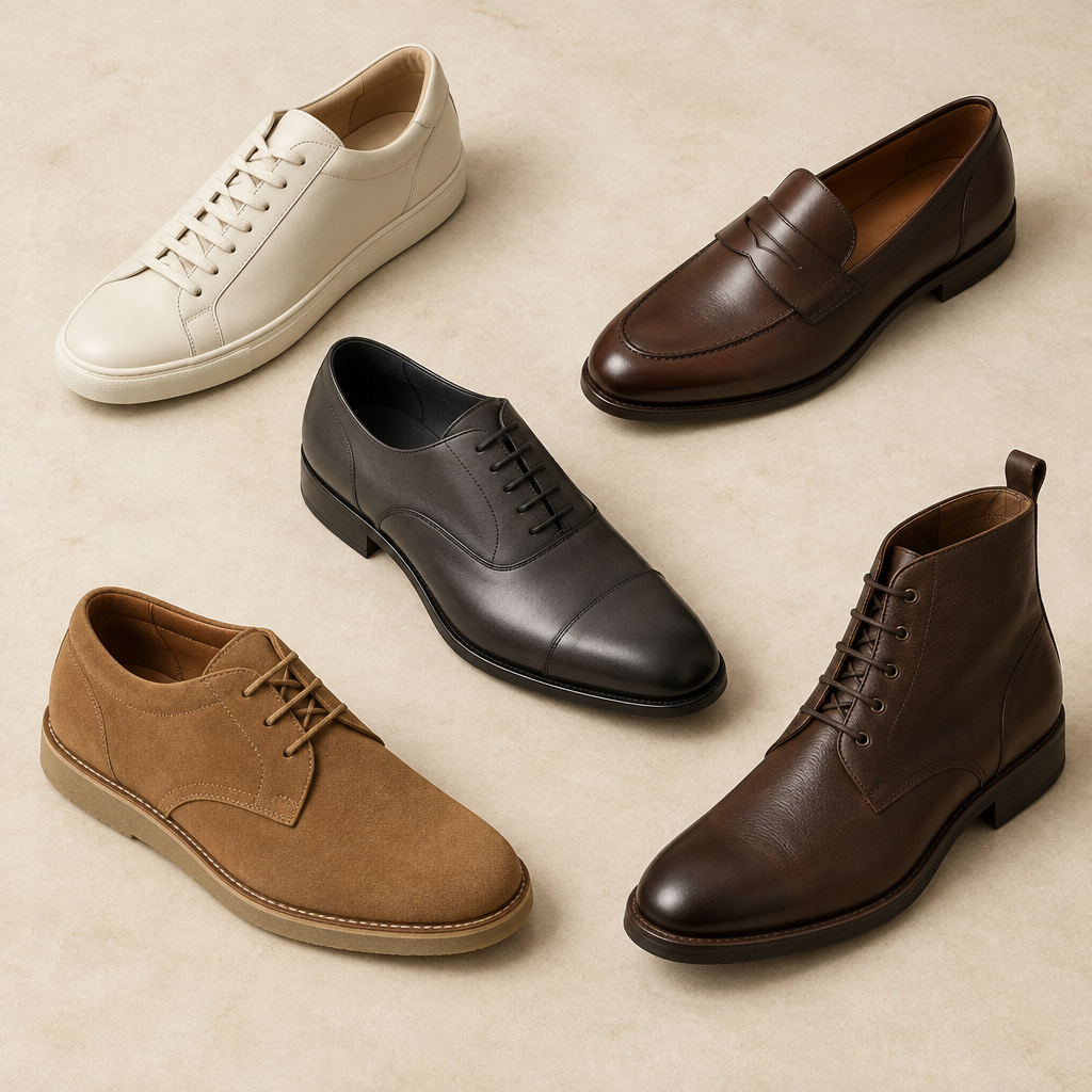 Five men’s shoe styles on a neutral background.