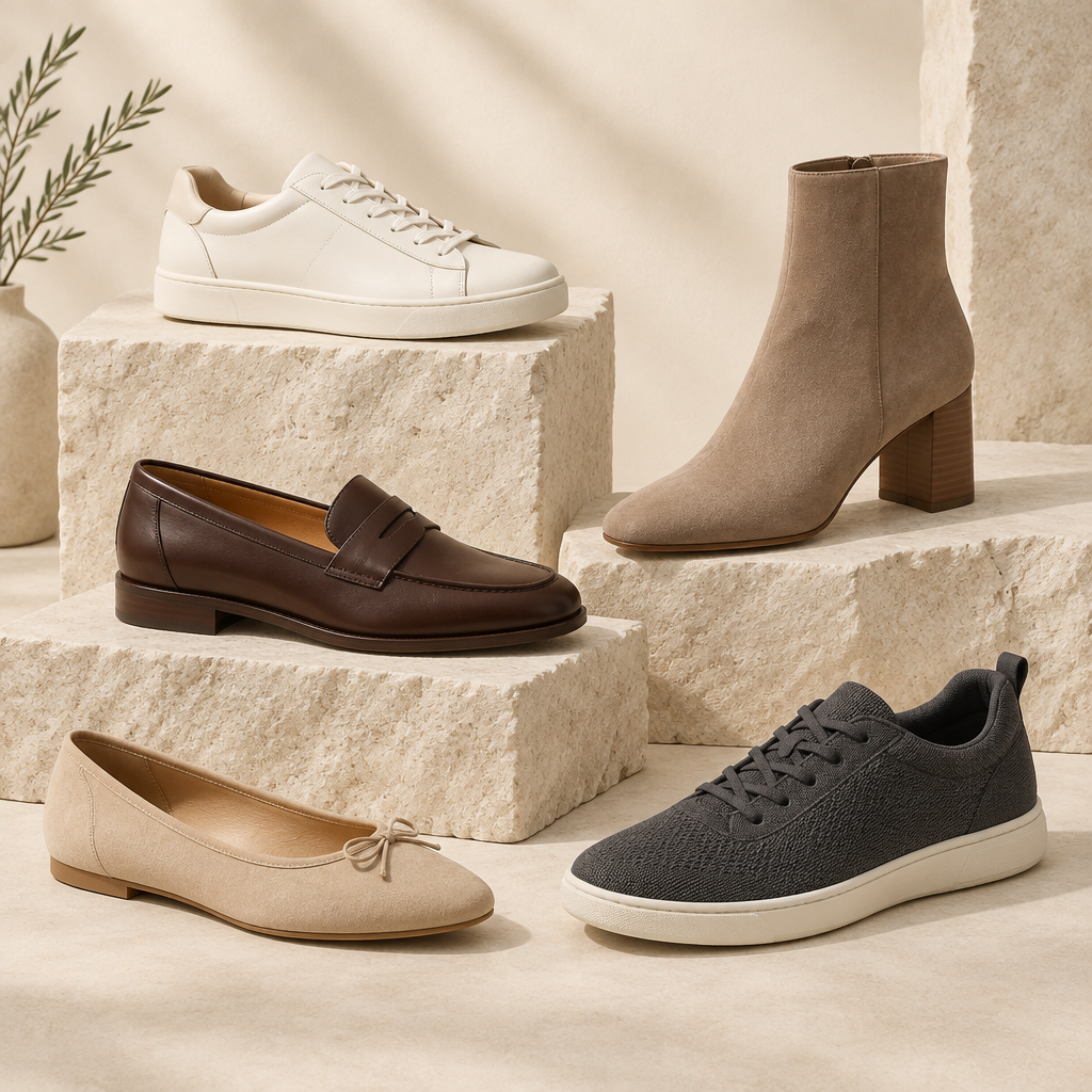 Men’s and women’s shoe styles on a neutral background.