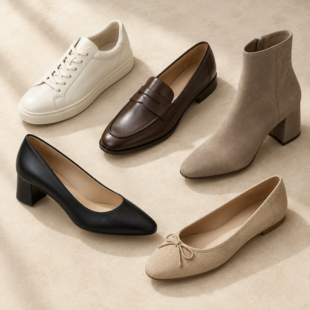 Five women’s shoe styles on a neutral background.